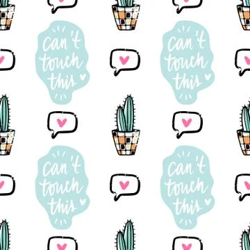 Vector hand drawn seamless pattern with cute cactus and abstract elements. Stock Illustration