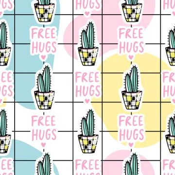 Vector hand drawn seamless pattern with cute cactus and abstract elements. Stock Illustration