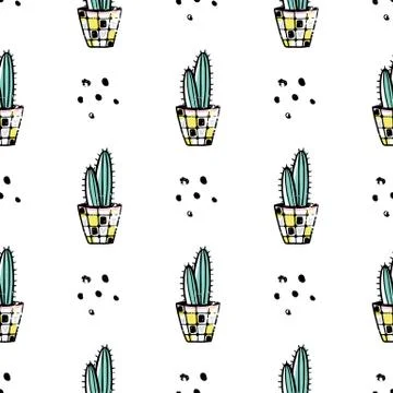 Vector hand drawn seamless pattern with cute cactus and abstract elements. Stock Illustration
