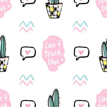 Vector hand drawn seamless pattern with cute cactus and abstract elements. Stockillustratie