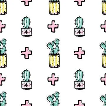 Vector hand drawn seamless pattern with cute cactus and abstract elements. イラスト素材