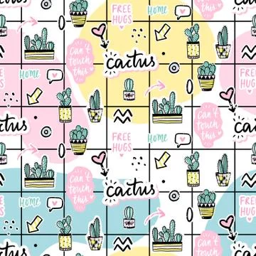 Vector hand drawn seamless pattern with cute cactus and abstract elements. 库存插图
