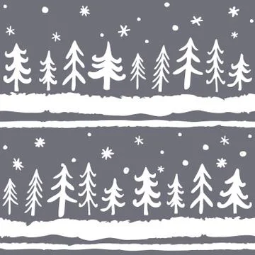 Vector hand-drawn seamless pattern with doodle pine trees. Christmas Stock Illustration