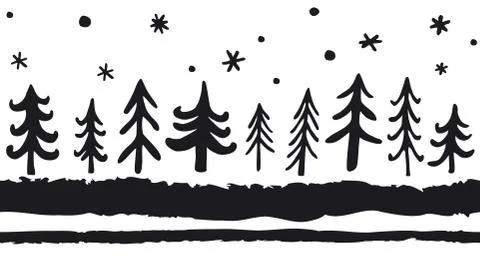 Vector hand-drawn seamless pattern with doodle pine trees. Christmas Nordic Stock Illustration