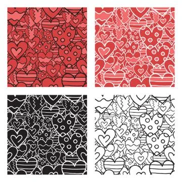 Vector hand drawn seamless pattern set, texture background, heart shapes, red イラスト素材