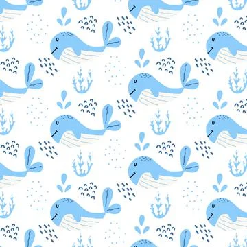 Vector hand-drawn seamless pattern with whales. Stock Illustration