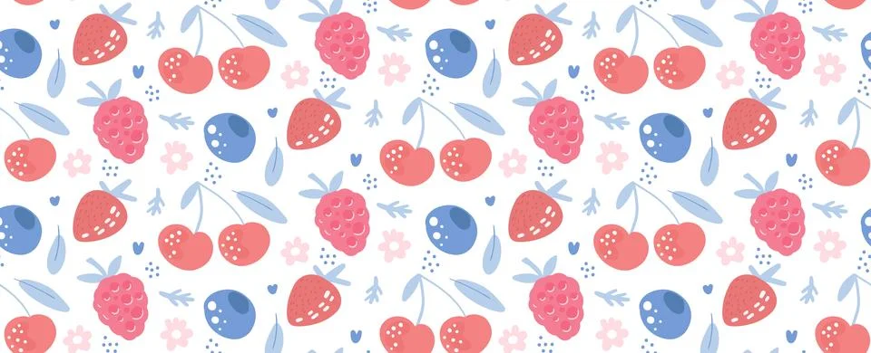 Vector Hand drawn seamless pattern of berries mix with leaves and flowers Stock Illustration