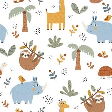 Vector hand drawn seamless pattern with cute african animals isolated on white Stock Illustration