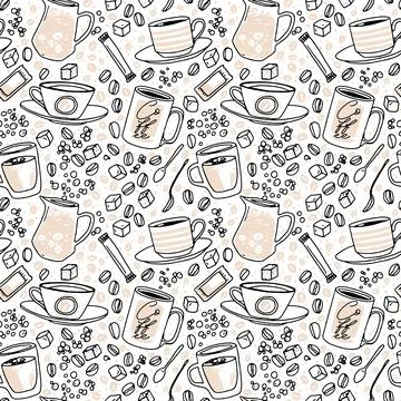 Vector hand drawn seamless pattern. Various cups sketch style drawn backgro.. Stock Illustration