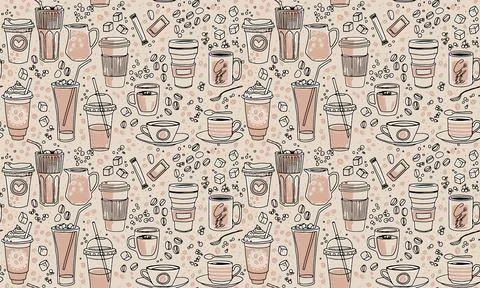 Vector hand drawn seamless pattern. Various cups sketch style drawn backgro.. Stock Illustration
