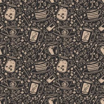 Vector hand drawn seamless pattern. Various cups sketch style drawn backgro.. Stock Illustration