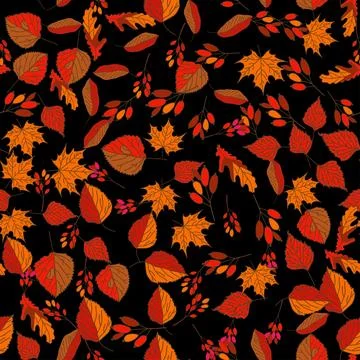Vector hand drawn seamless pattern of fall leaves of birch, oak, maple, ash 스톡 일러스트