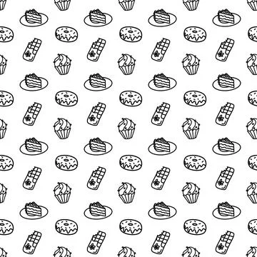 Vector hand drawn seamless pattern with different sweet icons isolated on white Stock Illustration