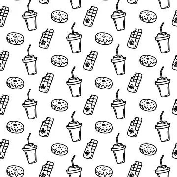 Vector hand drawn seamless pattern with chocolate bar, donut, drink with straw Stock Illustration