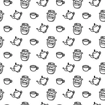 Vector hand drawn seamless pattern with kitchen icons on white background Stock Illustration
