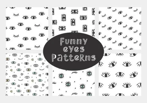 Vector hand drawn seamless patterns collection with funny eyes Stock Illustration