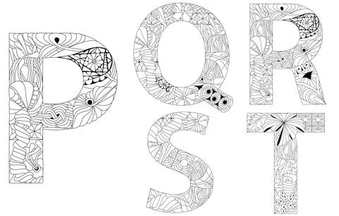 Vector of hand drawn set of Alphabet from P - T in Zentangle style for colori Stock Illustration