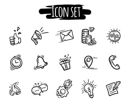 Vector hand drawn set of black on white icons. Stock Illustration