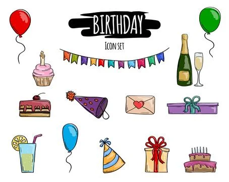 Vector hand drawn set of bright birthday icons. Stock Illustration