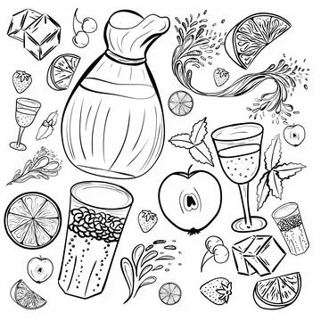 Vector hand drawn set of Cold drinks, summer cocktails and beverages with fru Stock Illustration