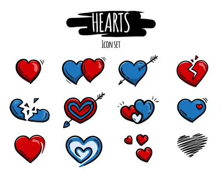 Vector hand drawn set of colored heart icons. Stock Illustration