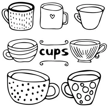 Vector hand-drawn set of the cups on white background. Cartoon doodle illustr Stock Illustration