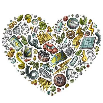 Vector hand drawn set of Eco cars doodle objects Stock Illustration