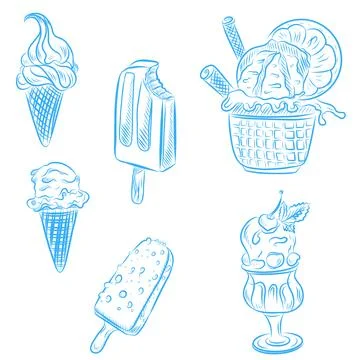 Vector hand drawn set illustration of delicious summer ice cream, blue line a Illustrazione stock