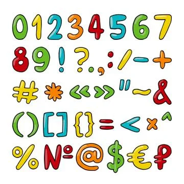 Vector hand drawn set of numbers, punctuation marks and special symbols Stock Illustration