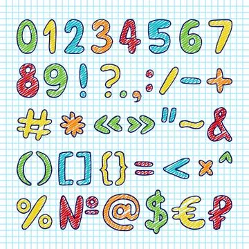 Vector hand drawn set of numbers, punctuation marks and special symbols Stock Illustration