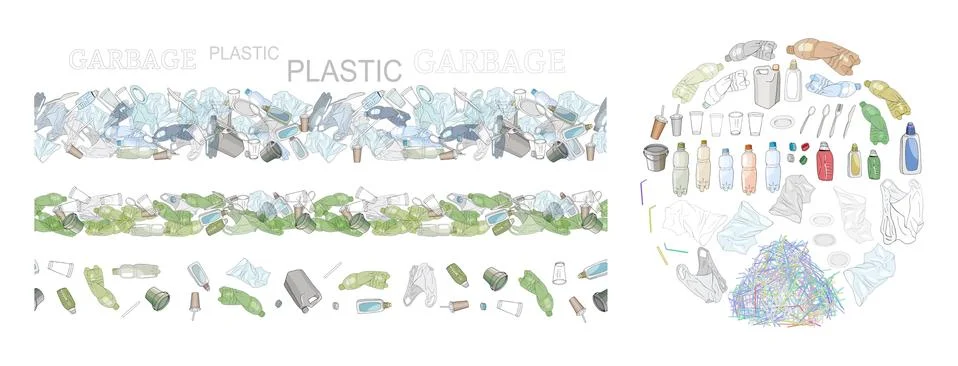 Vector hand drawn set of objects and seamless patterns with sorted plastic ga Stock Illustration
