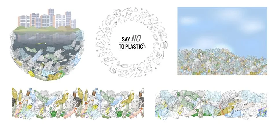 Vector hand drawn set of objects and seamless patterns with sorted plastic ga Stock Illustration