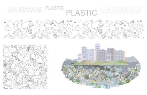 Vector hand drawn set of objects and seamless patterns with sorted plastic ga Stock-Illustration