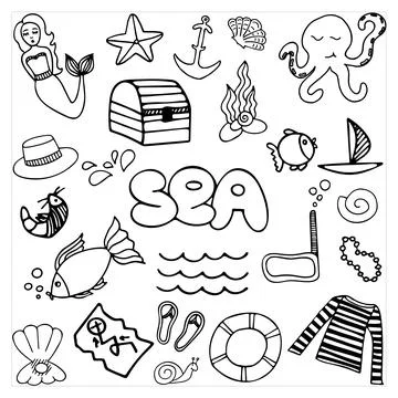 Vector hand drawn set with sea, marine elements. Doodle summer travel illustr Stock Illustration