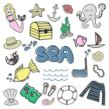 Vector hand drawn set with sea, marine elements. Doodle summer travel illustr イラスト素材