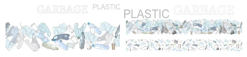 Vector hand drawn set of seamless patterns and objects with sorted plastic ga Stock Illustration