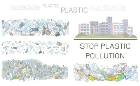 Vector hand drawn set of seamless patterns and objects with sorted plastic ga Stock Illustration