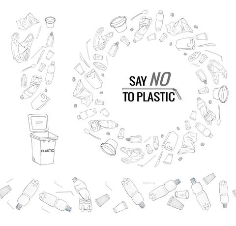 Vector hand drawn set of seamless patterns and objects with sorted plastic ga Stock Illustration