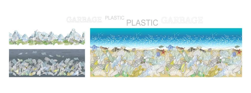 Vector hand drawn set of seamless patterns with sorted plastic garbage isolat Illustrazione stock