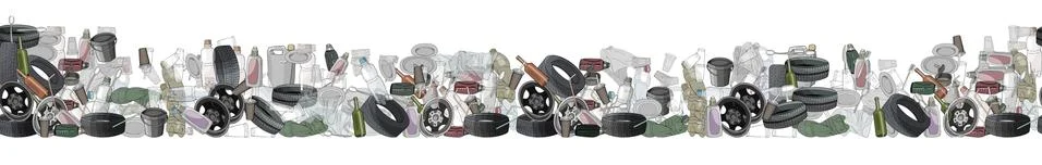 Vector hand drawn set of seamless patterns with sorted plastic garbage isolat Stock Illustration