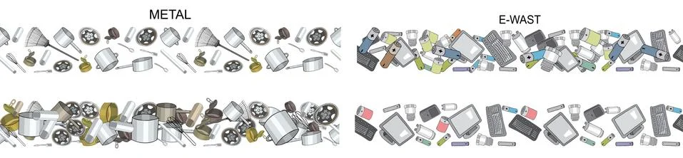 Vector hand drawn set of seamless patterns with sorted plastic garbage isolat Stock Illustration