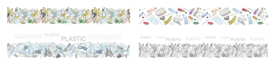 Vector hand drawn set of seamless patterns with sorted plastic garbage isolat Stock Illustration