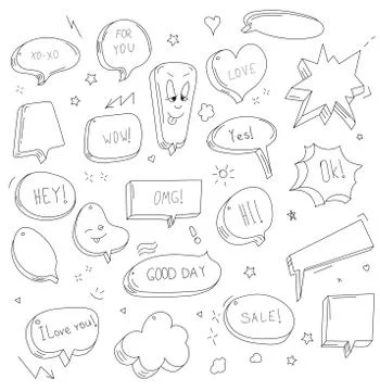 Vector hand drawn set of sketch speech bubbles clouds rounds hearts stars Stock Illustration