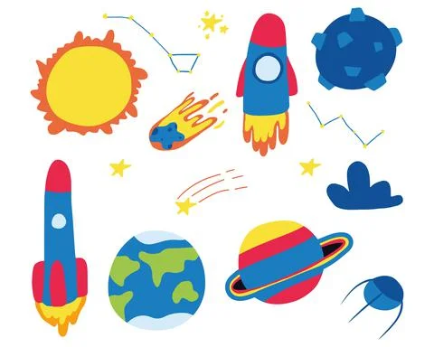 Vector hand-drawn set of space objects. Stock Illustration