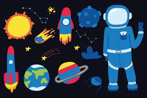 Vector hand-drawn set of space objects. Stock Illustration