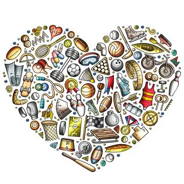 Vector hand drawn set of Sport cartoon doodle objects Stock Illustration