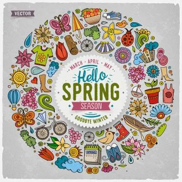 Vector hand drawn set of Spring cartoon doodle objects 库存插图