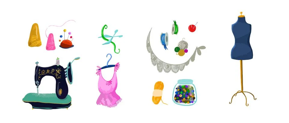 Vector hand drawn sewing retro set. Collection of highly detailed hand drawn Illustrazione stock