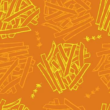 Vector hand drawn simple French fries doodle repeat pattern with rosemary herb Stock Illustration