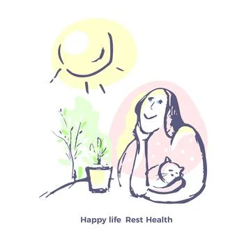 Vector hand drawn sketch. Beautiful smile woman in house with flower and funn Stock Illustration